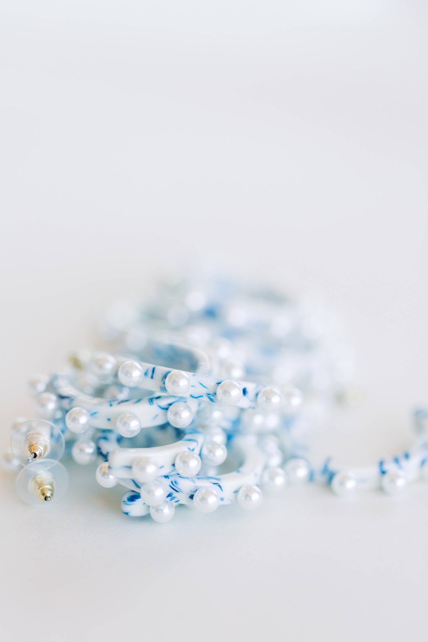 Blue and White Pearl Statement Hoop Earrings