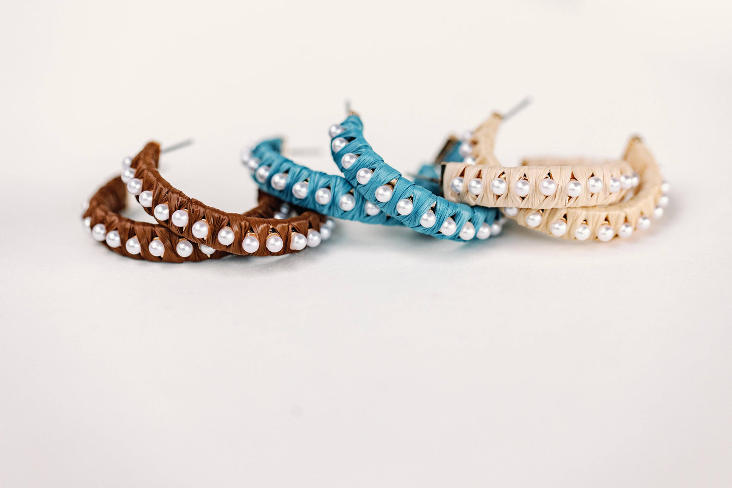 Cornflower Blue Studded Pearl Raffia Statement Hoop Earrings