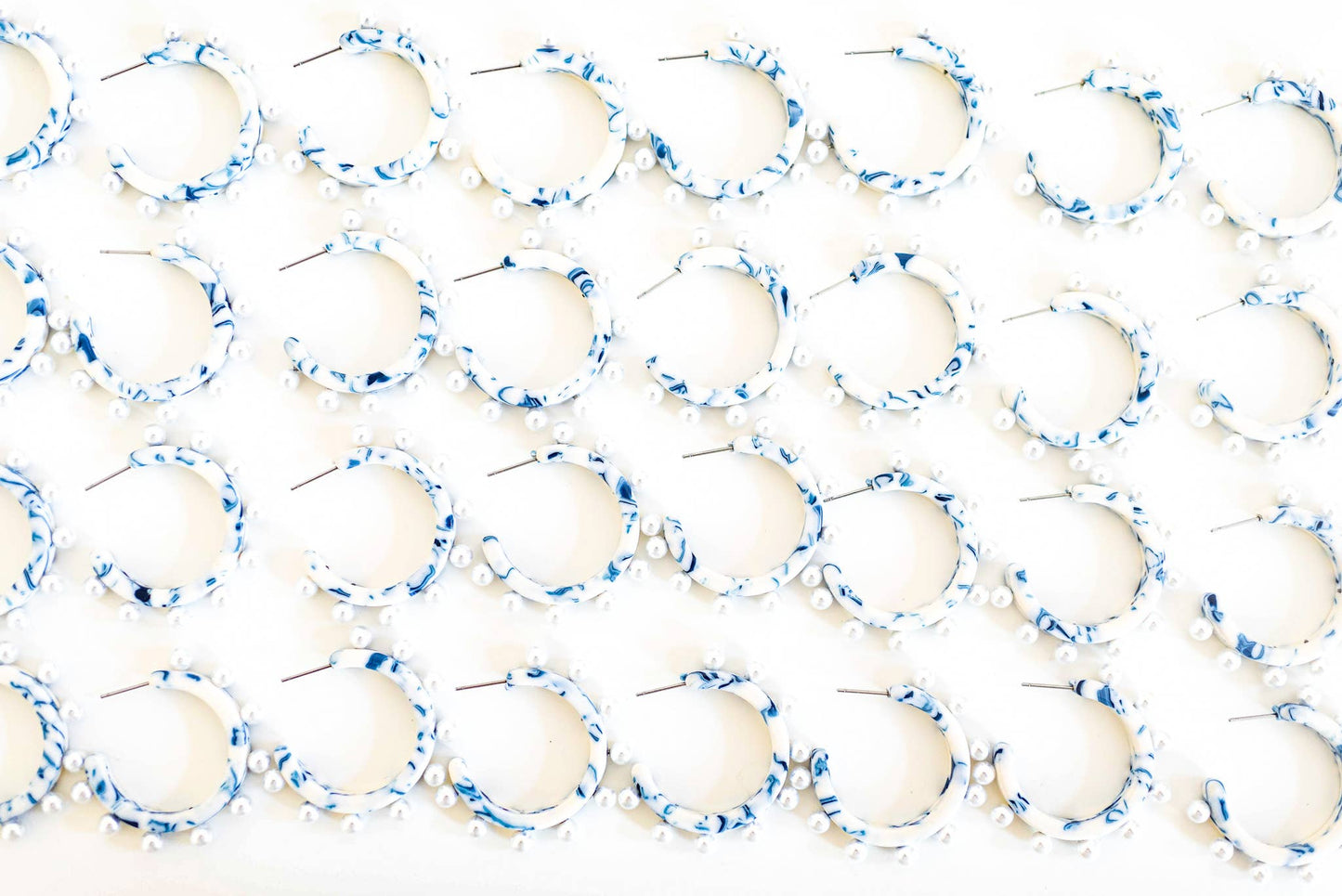 Blue and White Pearl Statement Hoop Earrings