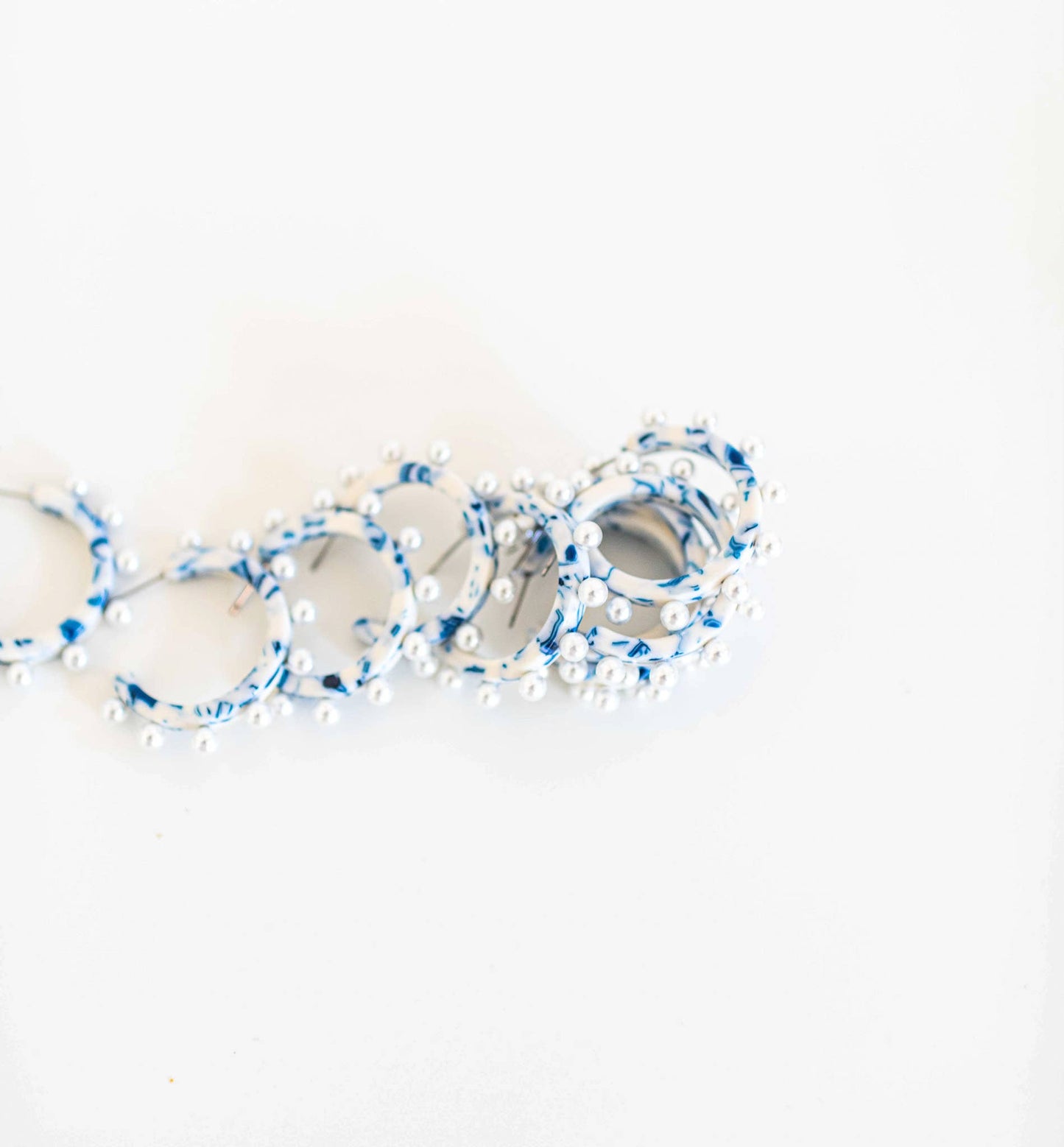 Blue and White Pearl Statement Hoop Earrings