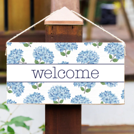Welcome Hydrangea Stems Twine Hanging Sign