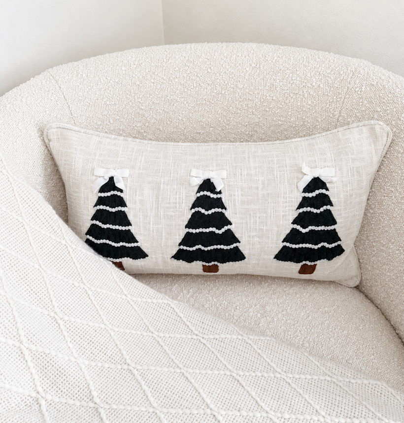 Tree White Christmas Crewel Pillow
