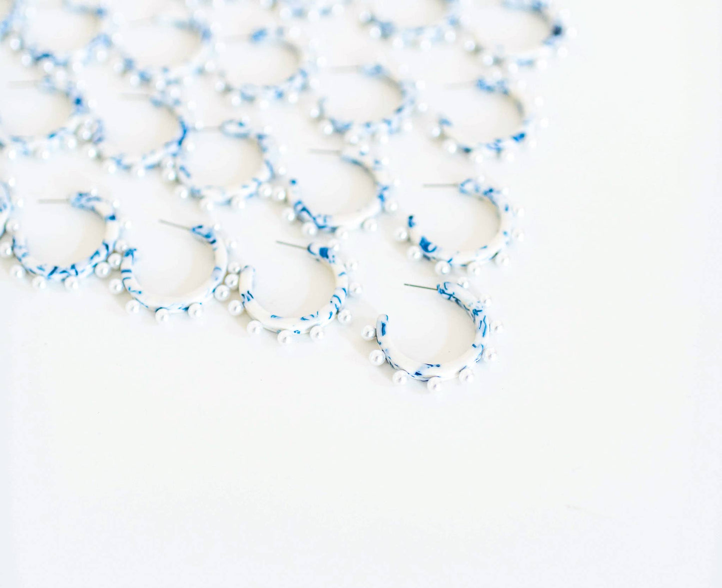 Blue and White Pearl Statement Hoop Earrings