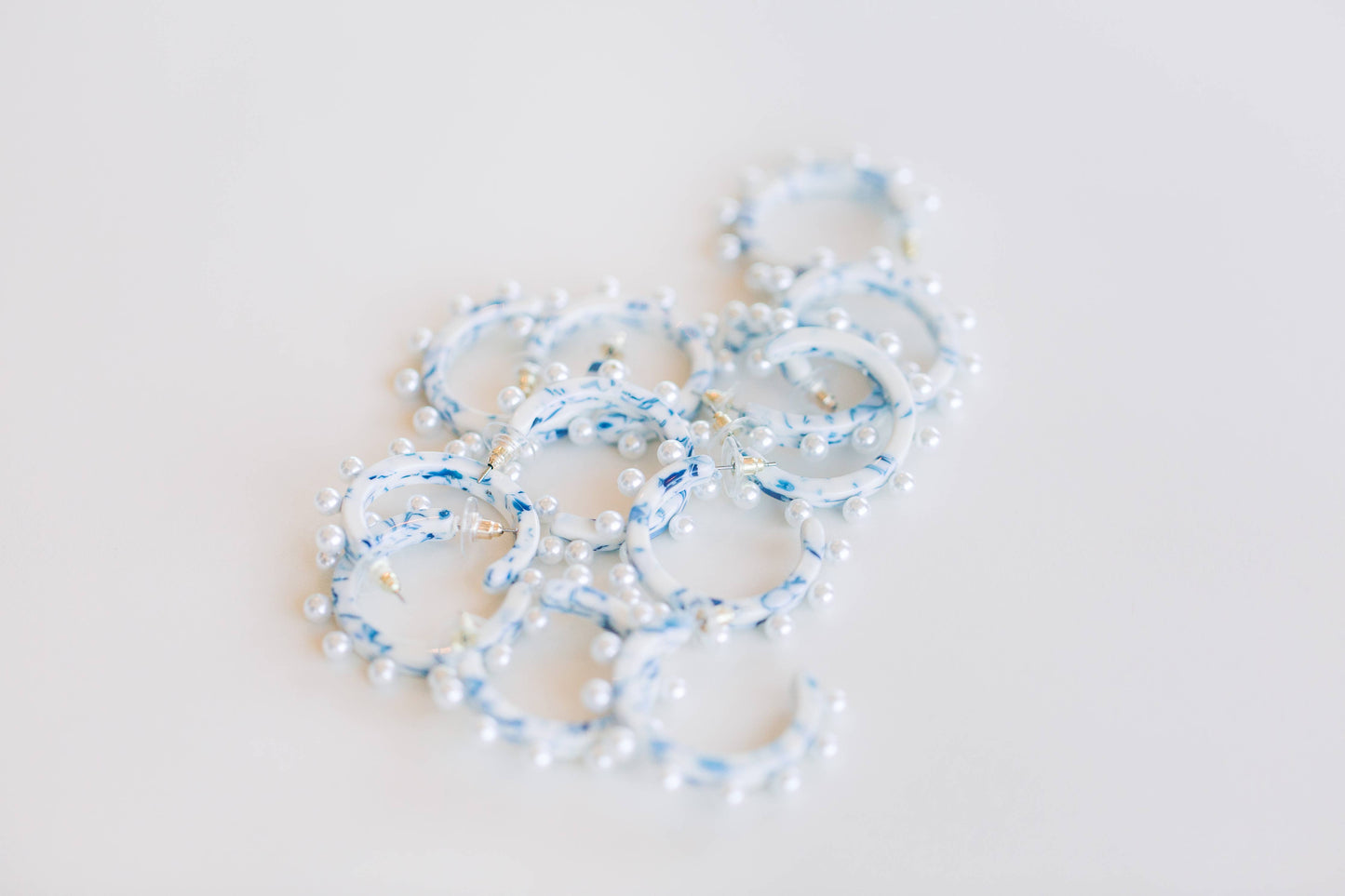 Blue and White Pearl Statement Hoop Earrings