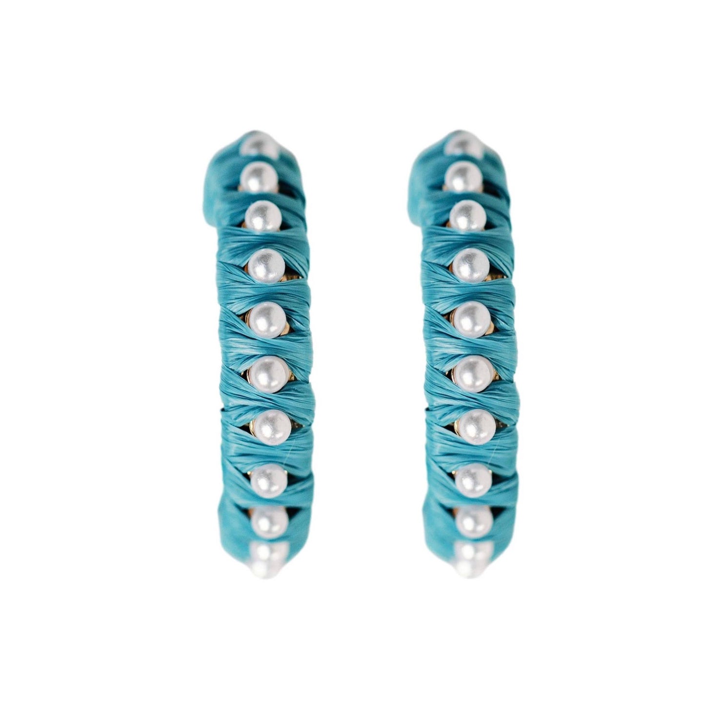 Cornflower Blue Studded Pearl Raffia Statement Hoop Earrings