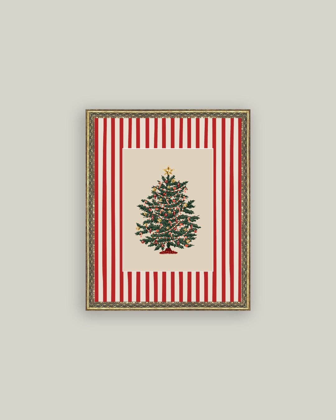 Peppermint Stripe Tree Framed Antique Art: 8x10