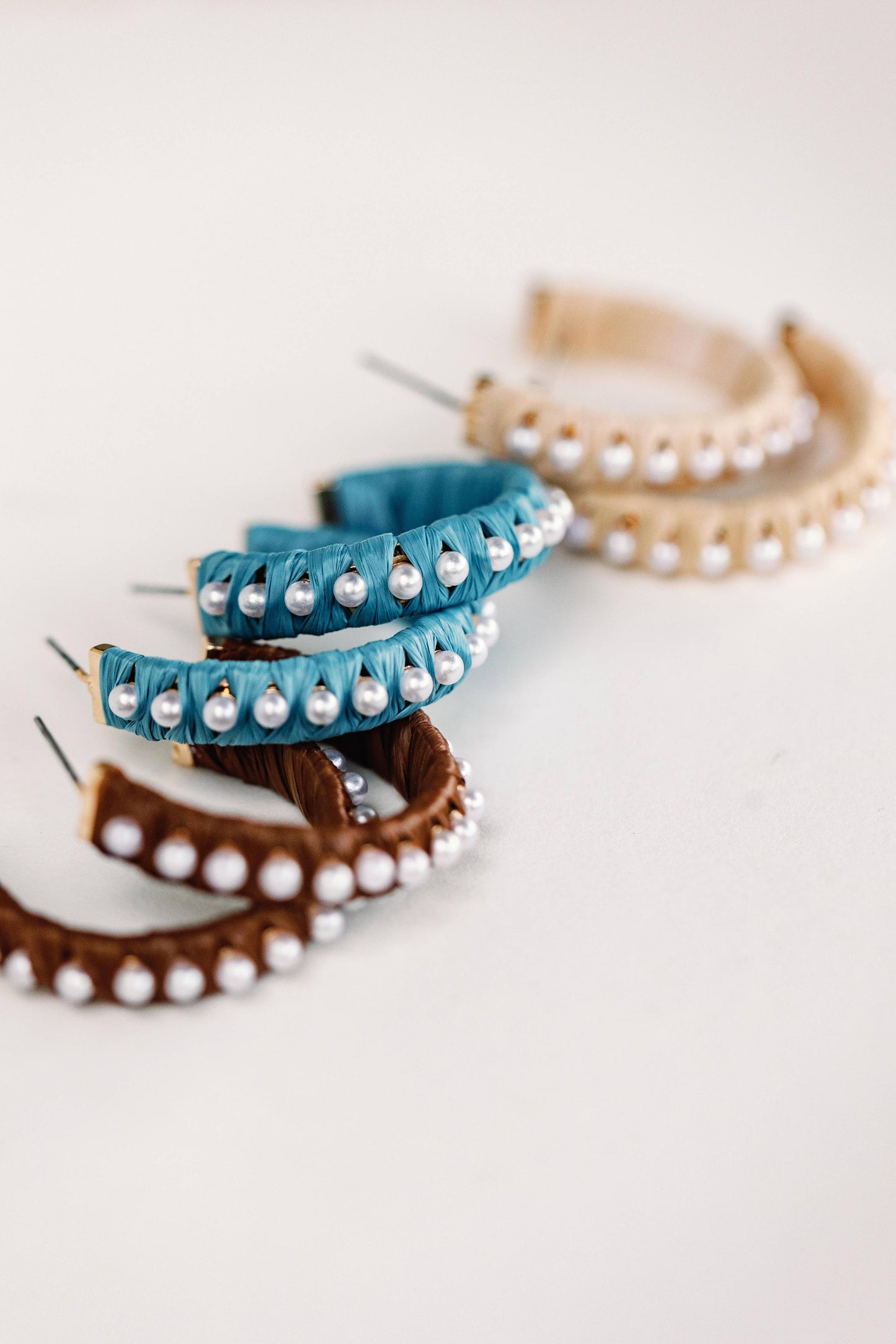 Cornflower Blue Studded Pearl Raffia Statement Hoop Earrings
