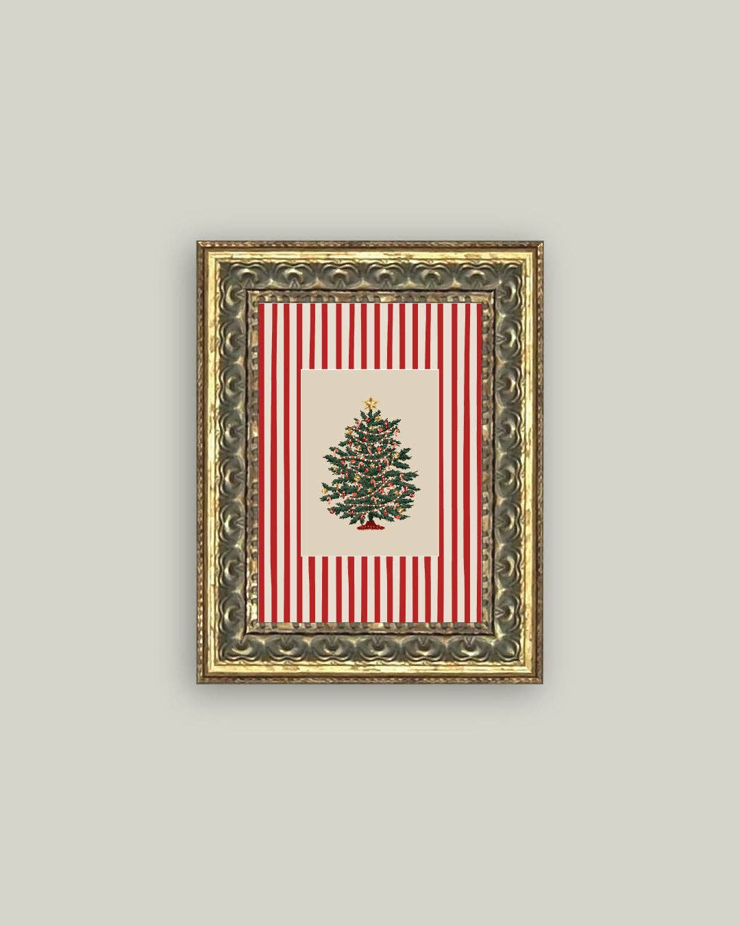 Peppermint Stripe Tree Framed Antique Art: 8x10