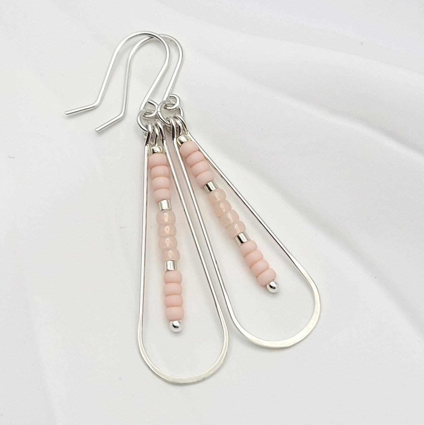 Long Silver Teardrop Hoop Earrings with Pink Seed Beads