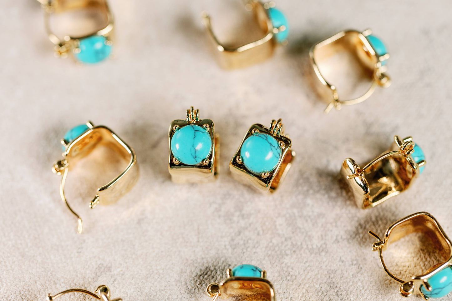 Vintage Mini Square Gold and Turquoise Huggie Hoop Earrings