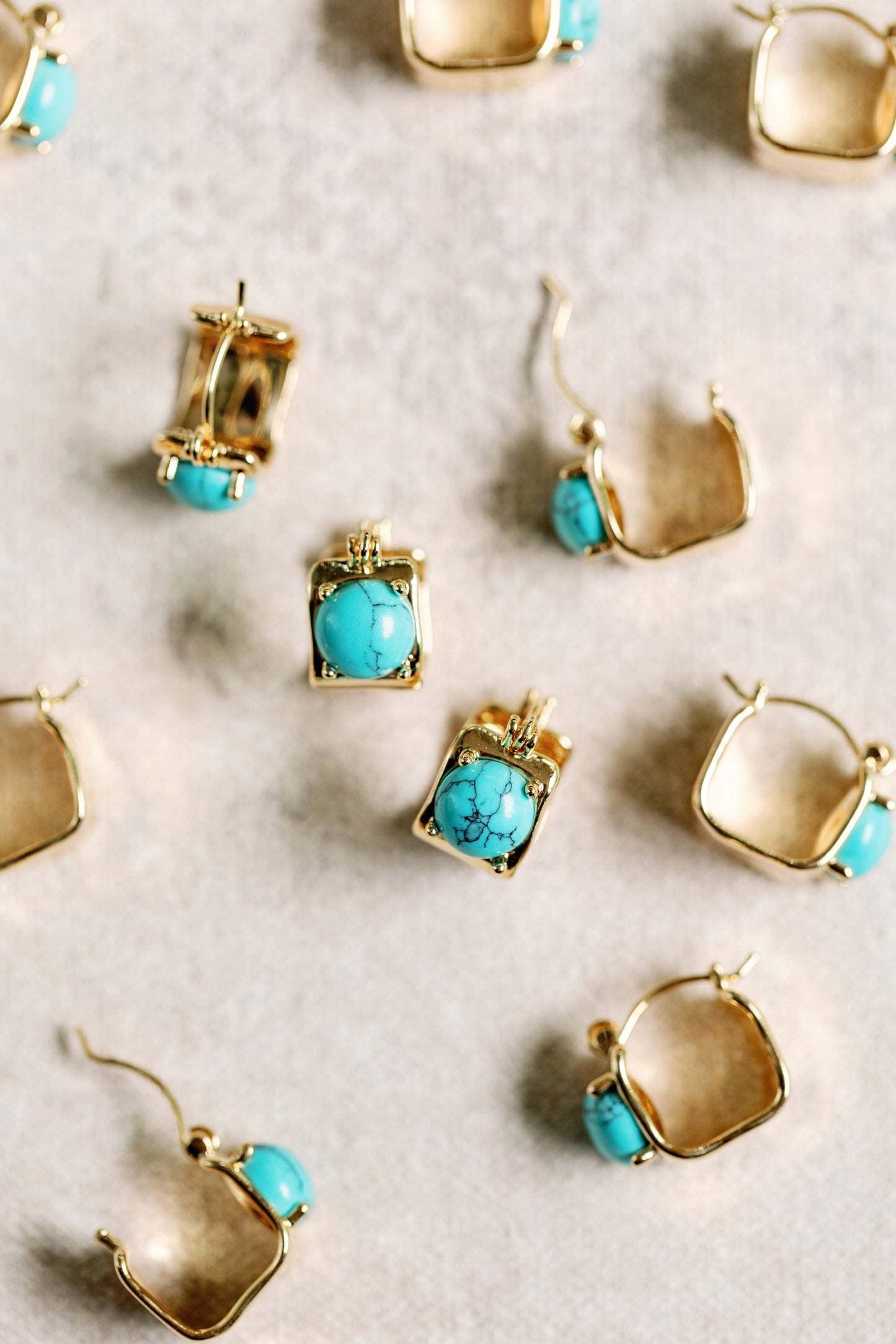 Vintage Mini Square Gold and Turquoise Huggie Hoop Earrings