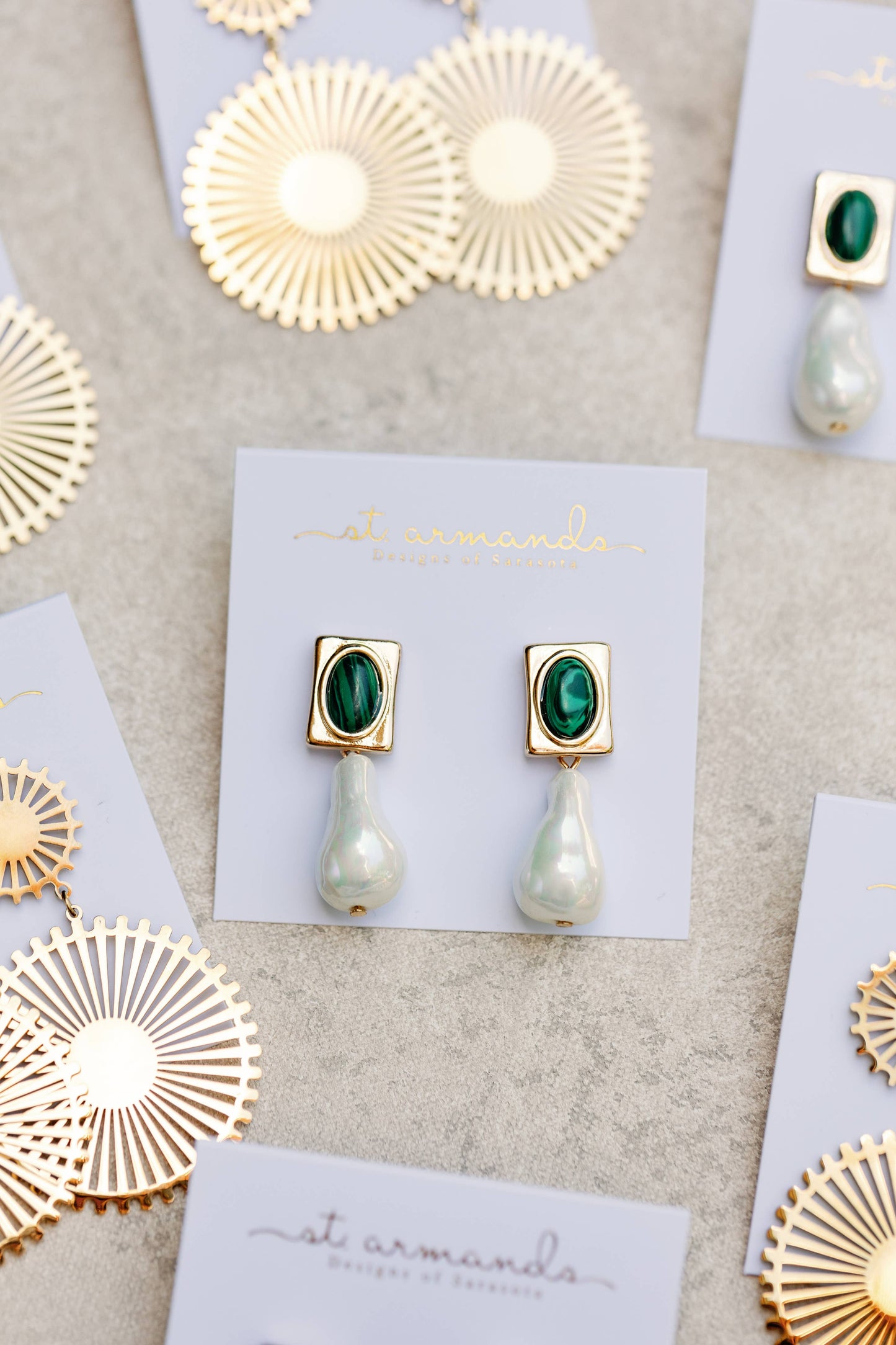 Vintage Square Malachite and Natural Pearl Drop Earrings