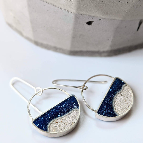 Half Moon Sand and Resin Earrings: Silver / Navy Blue