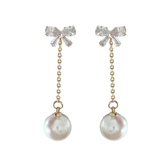 Crystal Bow and Pearl Drop Swingy Statement Earrings
