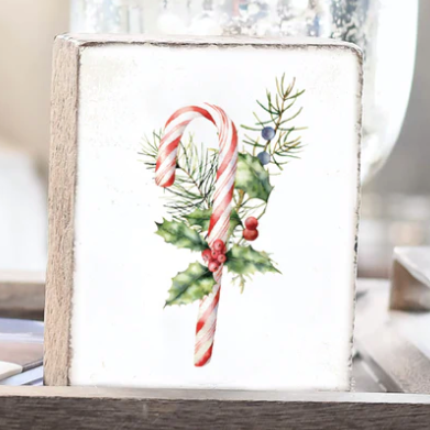 Watercolor Candy Cane Wooden Block
