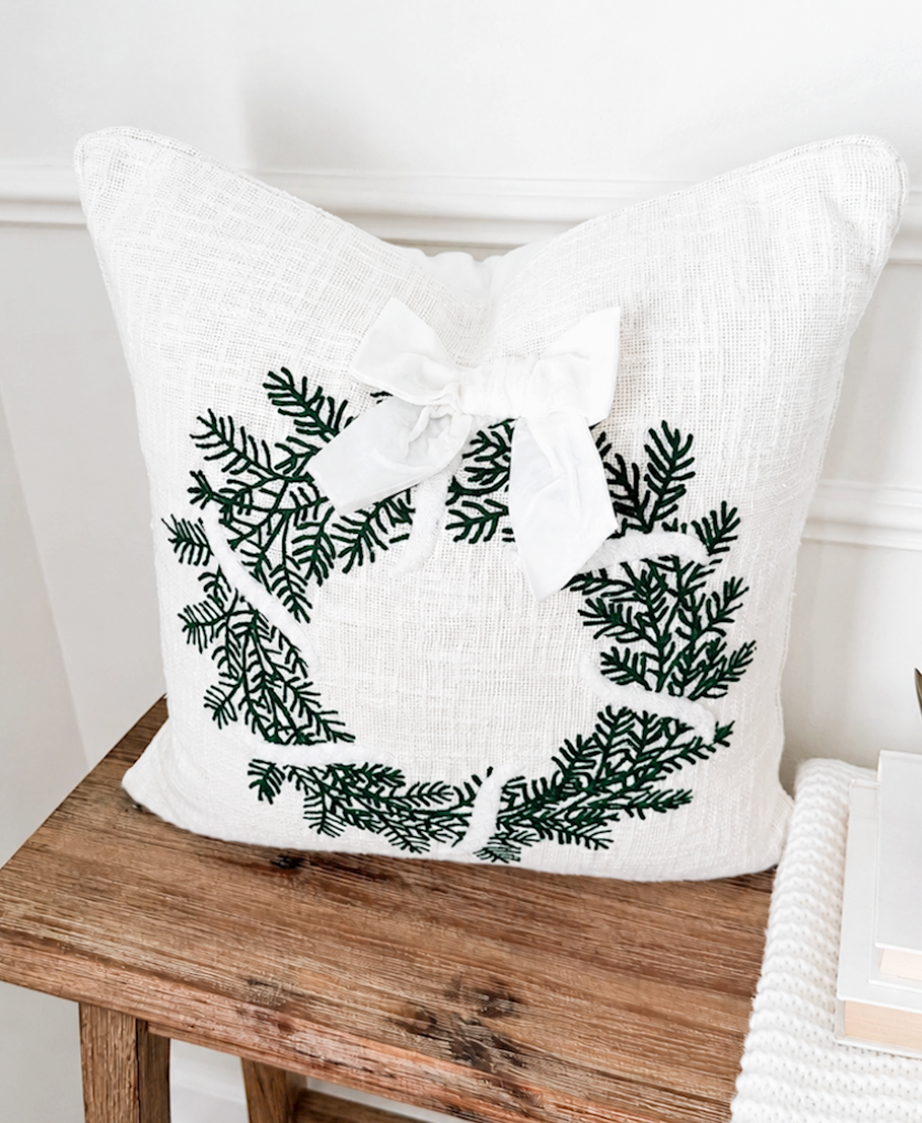 Wreath White Christmas Crewel Pillow