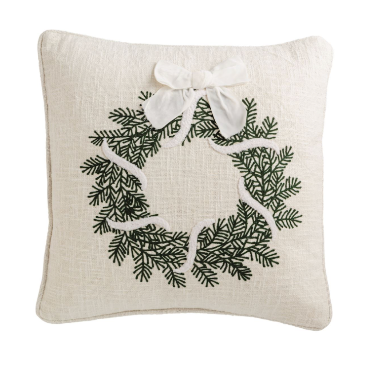 Wreath White Christmas Crewel Pillow