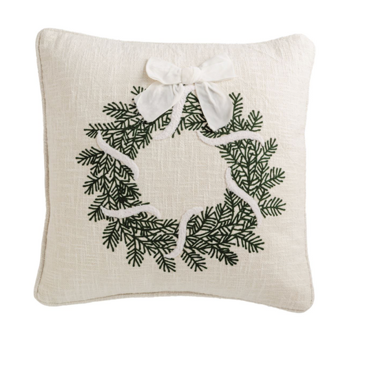 Wreath White Christmas Crewel Pillow