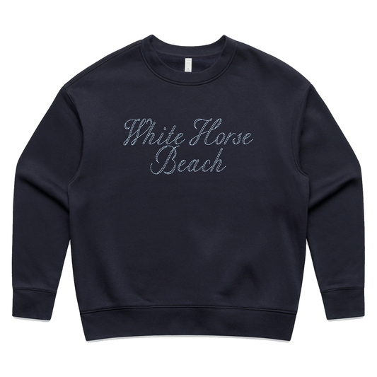 Stitched White Horse Beach Womens Crew - Ink Blue