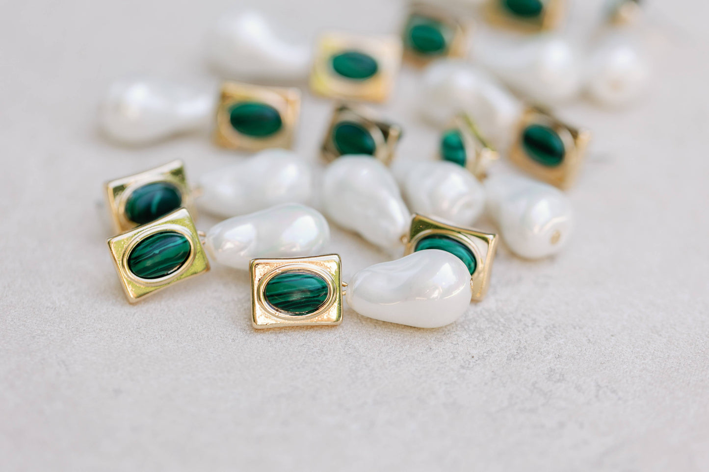 Vintage Square Malachite and Natural Pearl Drop Earrings