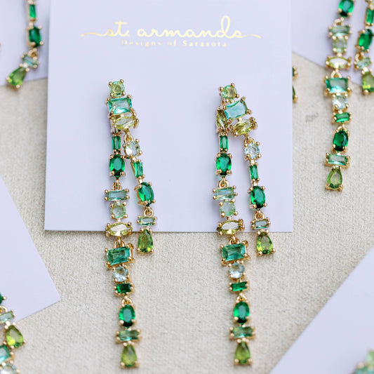 Green Ombre Crystal Layered Duster Statement Earrings