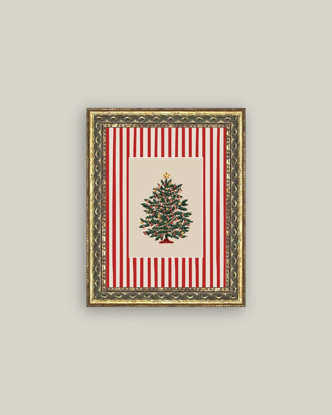 Peppermint Stripe Tree Framed Antique Art: 8x10