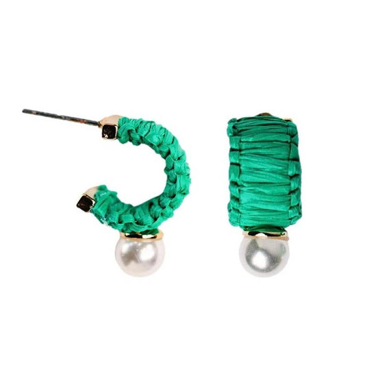 Mini Green Raffia and Pearl Huggie Hoop Earrings