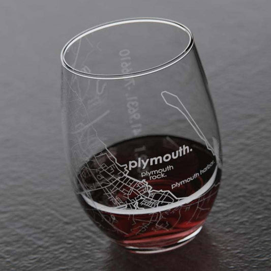 Plymouth MA Map Stemless Wine Glass