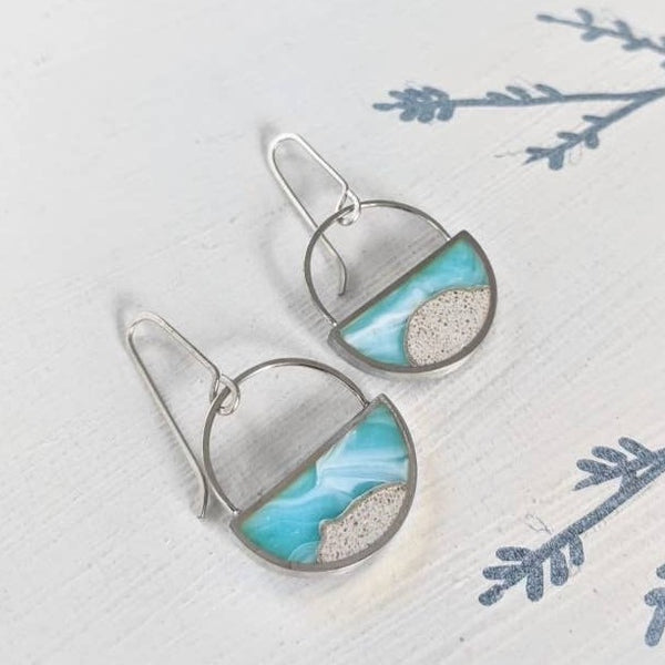 Half Moon Sand and Resin Earrings: Silver / Turquoise Blue