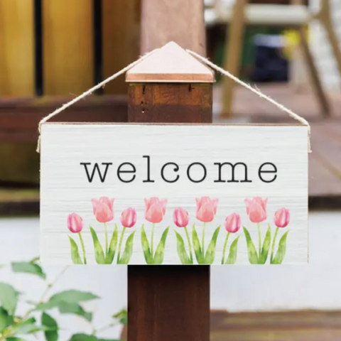 Welcome Tulips Twine Hanging Sign