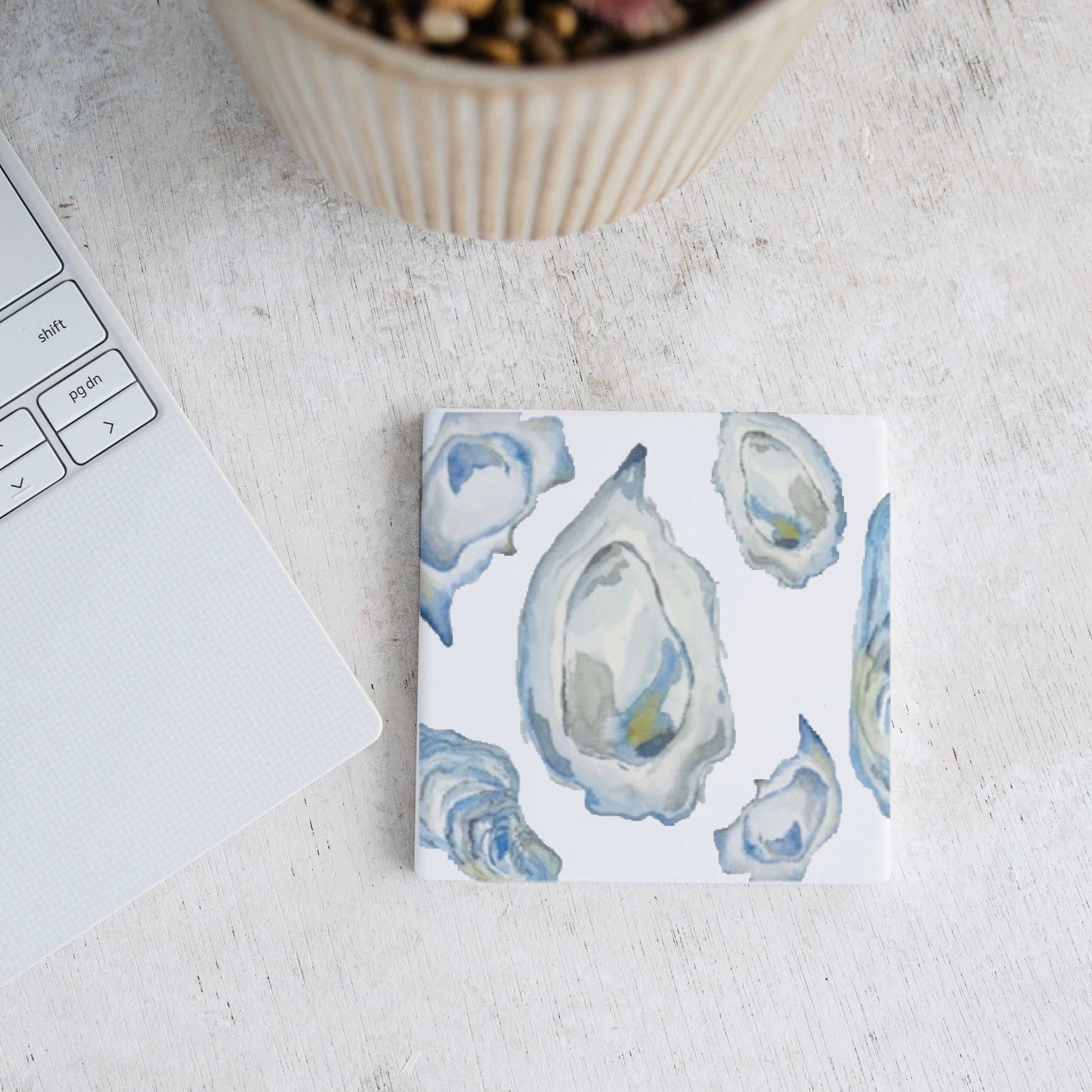 Blue Oyster Watercolor Ceramic Coaster